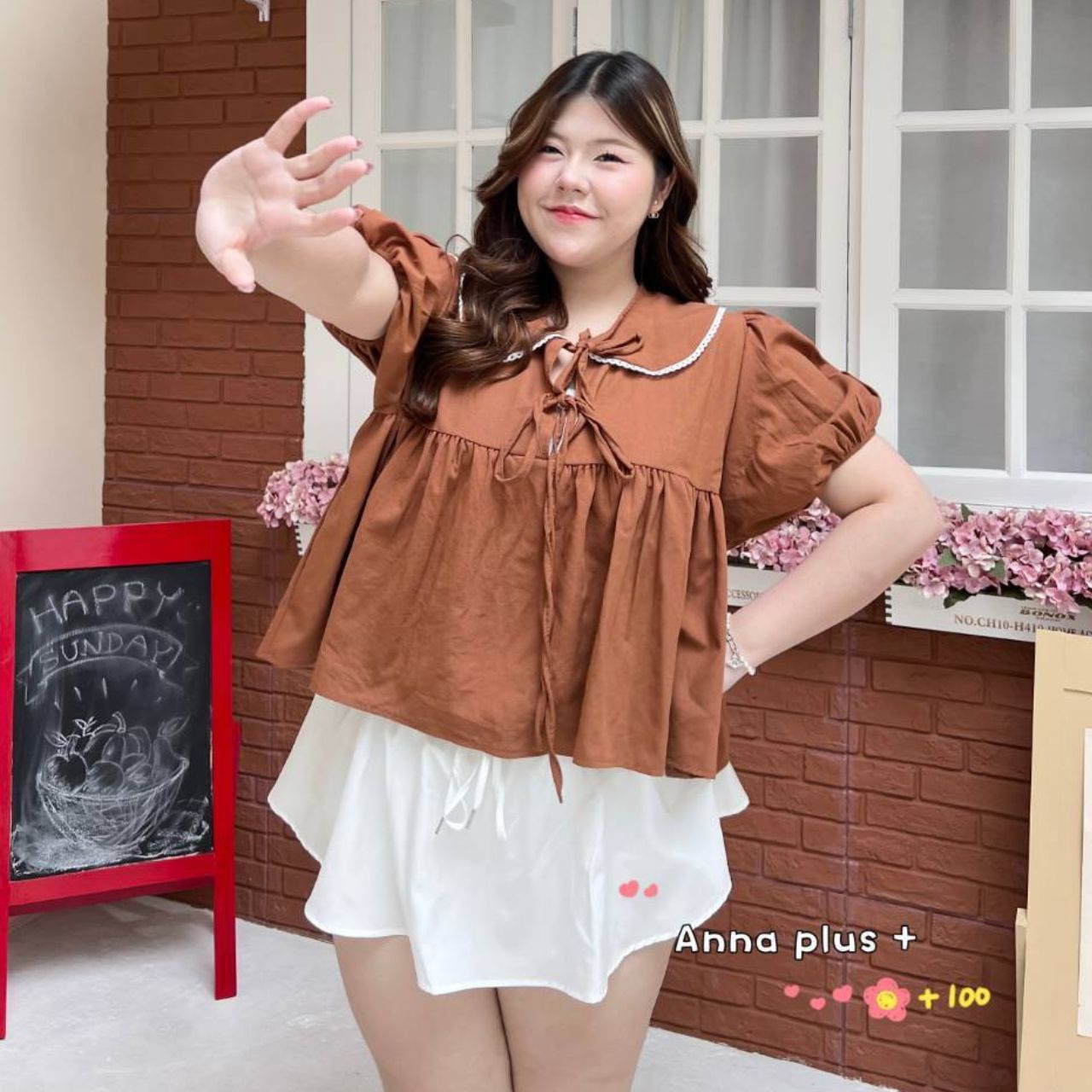 A234 เสื้อสาวอวบ ปกบัวแต่งขอบลูกไม้ แขนตุ๊กตา ผ้าลินิน น้ำตาล ครีม อก 40-50นิ้ว หน้าผ้า52