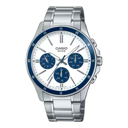 CASIO Standard รุ่น MTP-1374D-7A2V สีเงิน หน้าปัดสีขาว จอในสีน้ำเงิน สินค้าของเเท้ รับประกันศูนย์ CMG