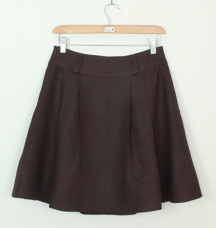 SK-240 กระโปรงแฟชั่น&ทำงาน ทรงบาน ผ้าลินินญี่ปุ่นสีน้ำตาลเข้ม มีกระเป๋าล้วงได้ 2 ข้าง