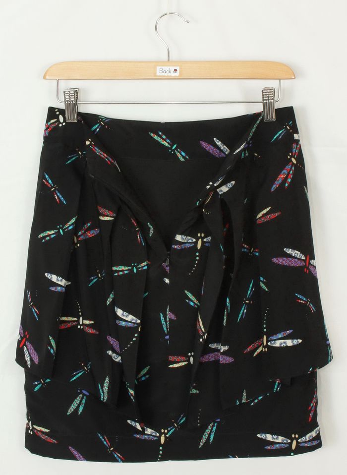 SK-222 กระโปรงแฟชั่น&ทำงาน ผ้าหางกระรอกพิมพ์ลายแมลงปอพื้นดำ มีโบว์ซ้อนกัน 2 ชั้น