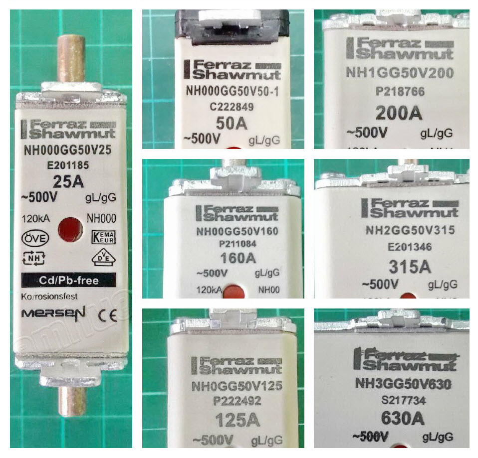 ฟิวส์ใบมีด NH Fuses (Ferraz Shawmut, MERSEN) NH Fuses, gL-gG, aM, Protistor Size 000 to 3 aR , gG 400V, 500V, 690v, aM 500V, 690V