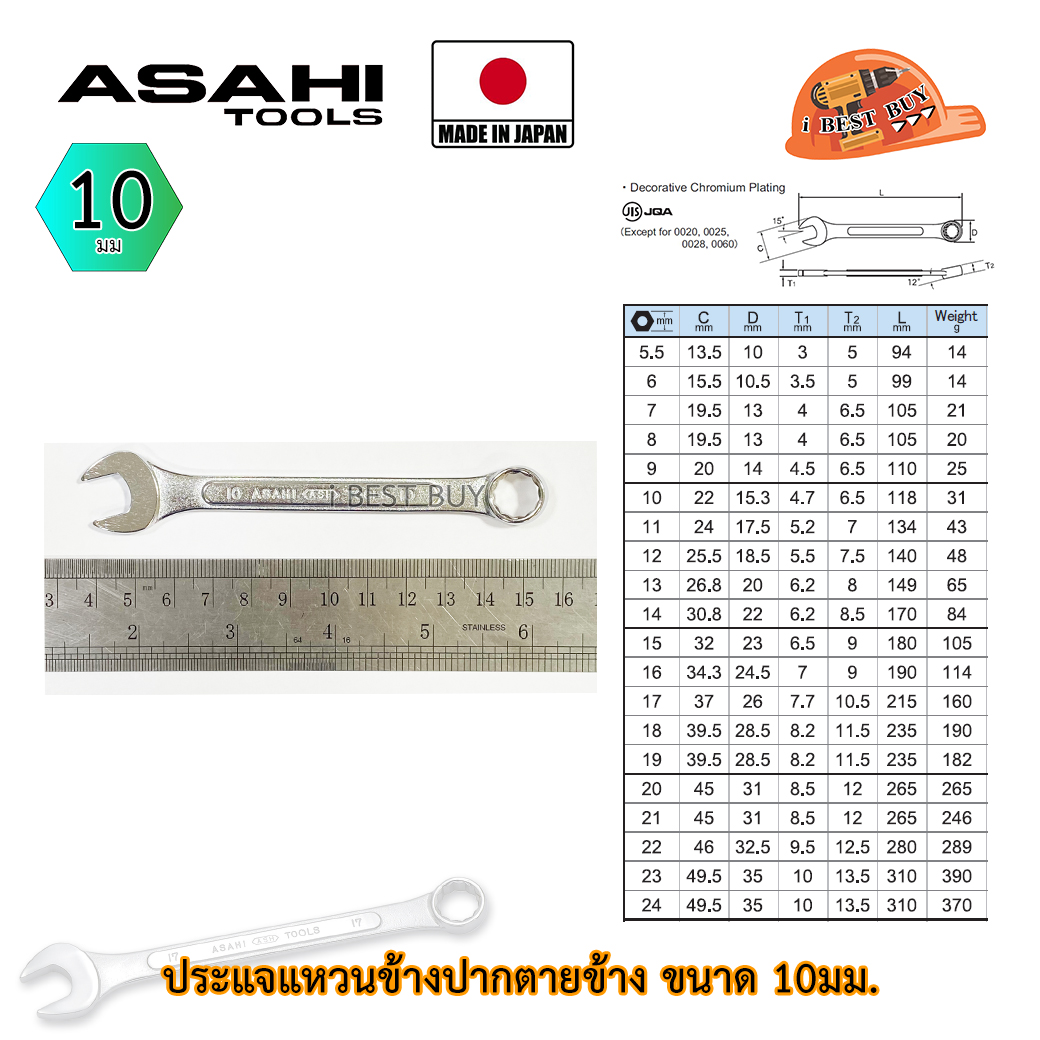 Asahi ประแจแหวนข้างปากตาย อาซาฮี ขนาด 10มม. ผลิตจากประเทศญี่ปุ่น แท้