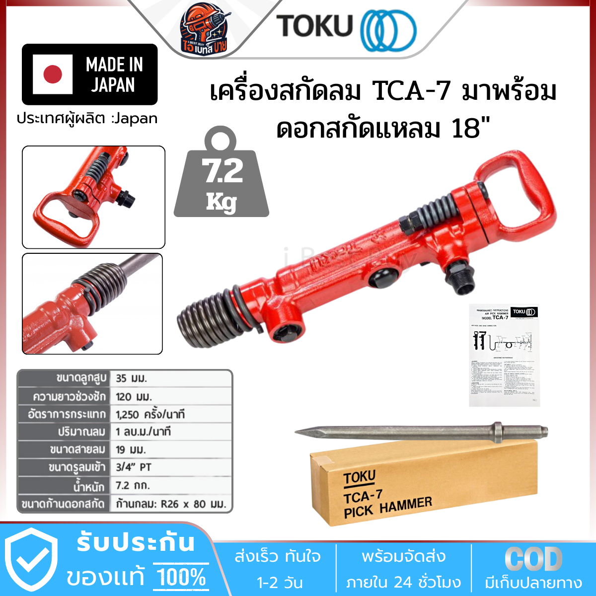 TOKU TCA7 สกัดคอนกรีต ใช้ลม พร้อมดอกสกัดแหลมยาว 18 นิ้ว ประเทศผู้ผลิต ญี่ปุ่น แท้