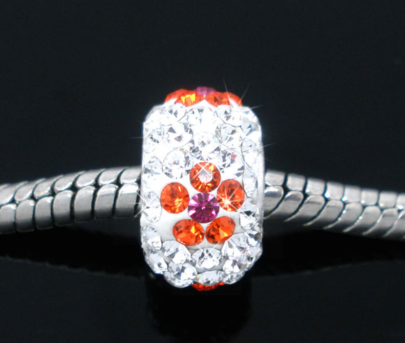 ลูกปัด แกนเงินแท้ ยุโรปรูใหญ่ (pandora style) ประดับพลอย ขนาด 12x7mm 1 เม็ด ลายดอกไม้สีแดง
