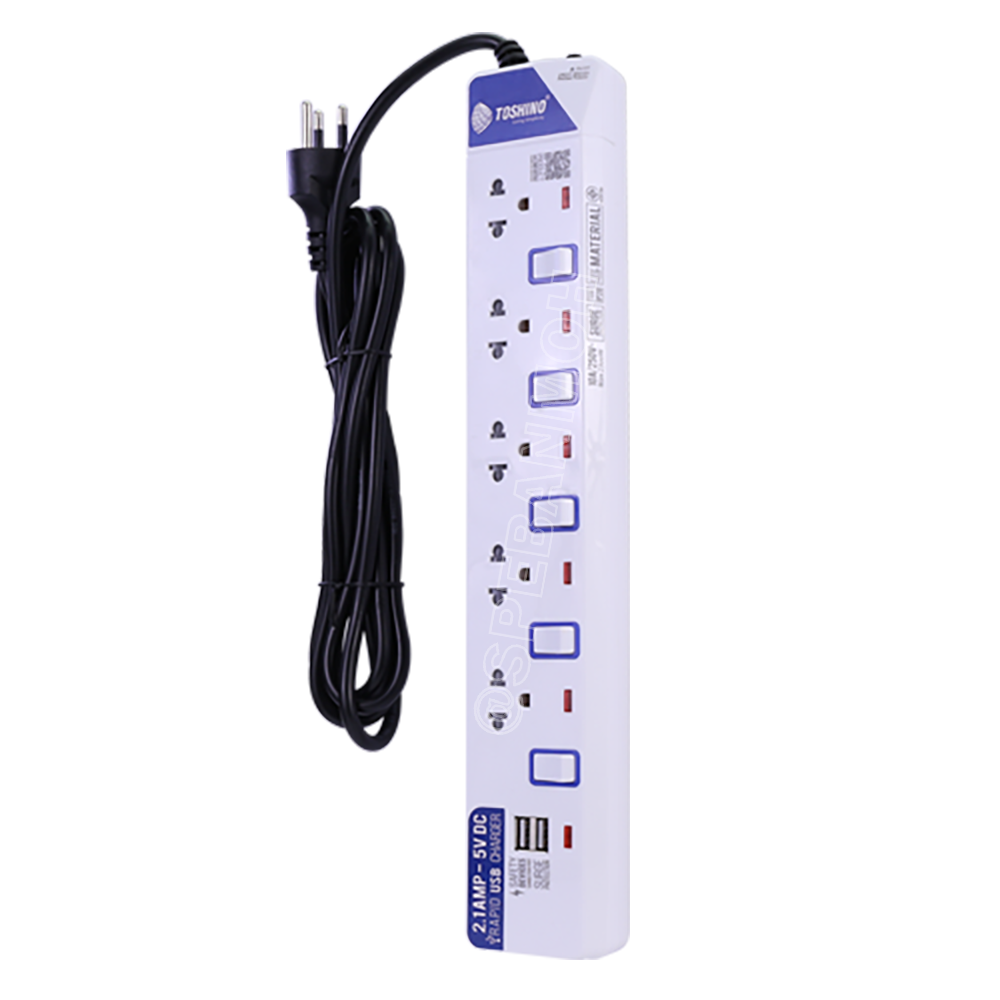 ET-915USB ปลั๊กพ่วง TOSHINO ET Series มาตรฐาน มอก. รางปลั๊กไฟ 5 ช่อง 5 สวิตซ์ ยาว 3 เมตร USB 5V 2.1A TOSHINO ET-915USB 3เมตร ระบบ ป้องกันกระแสไฟเกินอัตโนมัติ ระบบ ป้องกันไฟกระชาก ผลิตจาก วัสดุไม่ลามไฟ ไฟแสดงสถานะ การใช้งาน ม่านนิรภัย ป้องกันไฟดูด