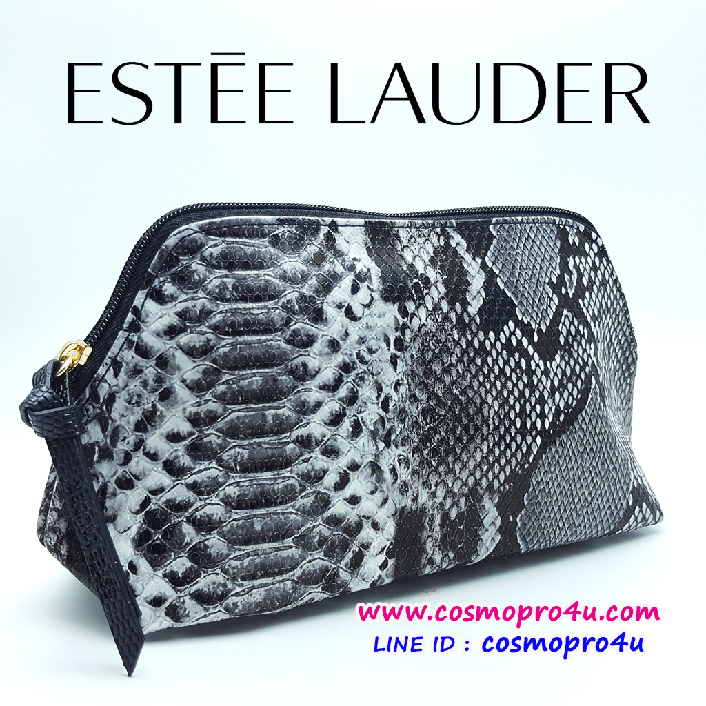 กระเป๋า ESTEE LAUDER ลายหนังงู สีขาวดำ หนังไม่หนา น้ำหนักเบา มีปั๊มแบรนด์ที่สายจับซิบ ขนาด 9x4.5 นิ้ว