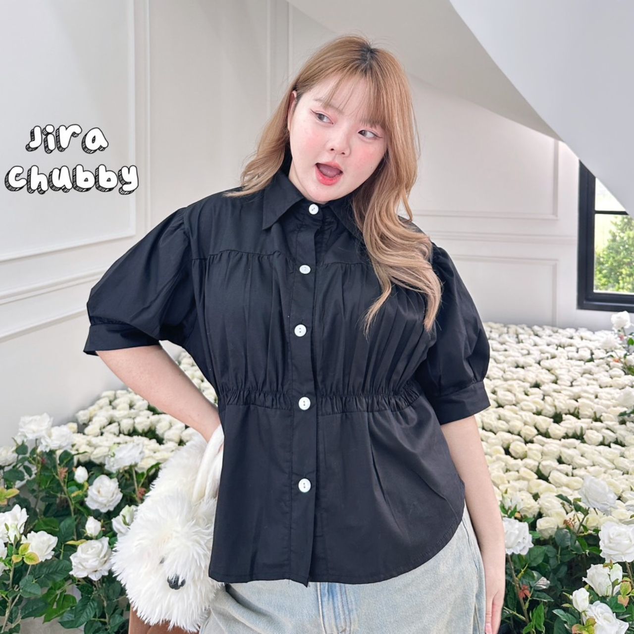 J102 เสื้อเชิ้ต สาวอวบ คอปกจับจีบตรงอก อกได้ถึง 50 นิ้ว (หน้าผ้า52นิ้ว) ชาว ดำ น้ำตาล อก 40-50 นิ้ว