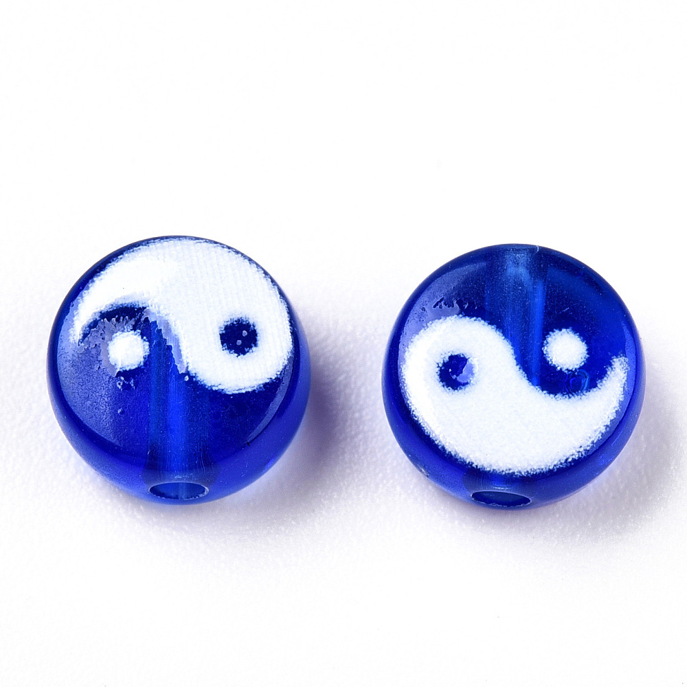 ลูกปัดอะครีลิค เม็ดกลม ลายหยินหยาง สีน้ำเงินขาว ขนาด 7x4 มม. รู 1.5 มม. แพ็ค 100 เม็ด