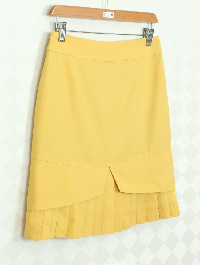 SK-282 กระโปรงแฟชั่น&ทำงาน ทรงสอบ ผ้าคอตต้อนญี่ปุ่นสีเหลือง ชายกระโปรงจับจีบรอบตัว