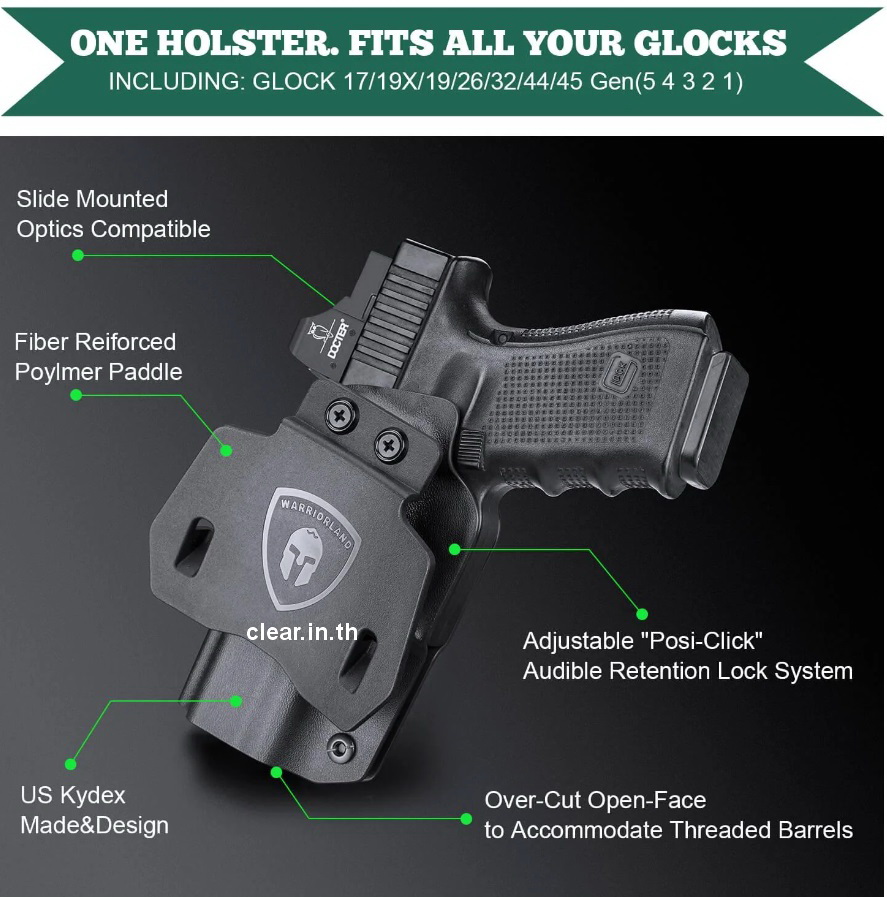 ซองพกนอก Kydex OWB Paddle Holster with red dot optics cut for Glock Glock G17/G19/34 Gen3-5 G17/G19/ Gen4 MOS G17/G19/G34 Gen5 MOS G19X G23 Gen3-4 G22 Gen3-4 G31 Gen3-4 G32 Gen3-4 G44 G45 G45 MOS version Right/Left Handed | WARRIORLAND