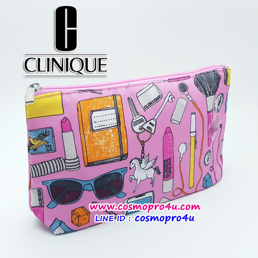กระเป๋าเครื่องสำอาง CLINIQUE กระเป๋าผ้าคลีนิกข์สีชมพู ผ้าพิมพ์ลายเครื่องสำอาง สไตล์ Clinique ขนาดกลาง 9x5 นิ้ว