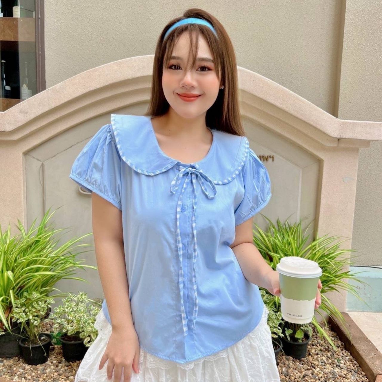 A245 เสื้อสาวอวบ คอบัว ชมพู ฟ้า เหลือง อก38-50 นิ้ว