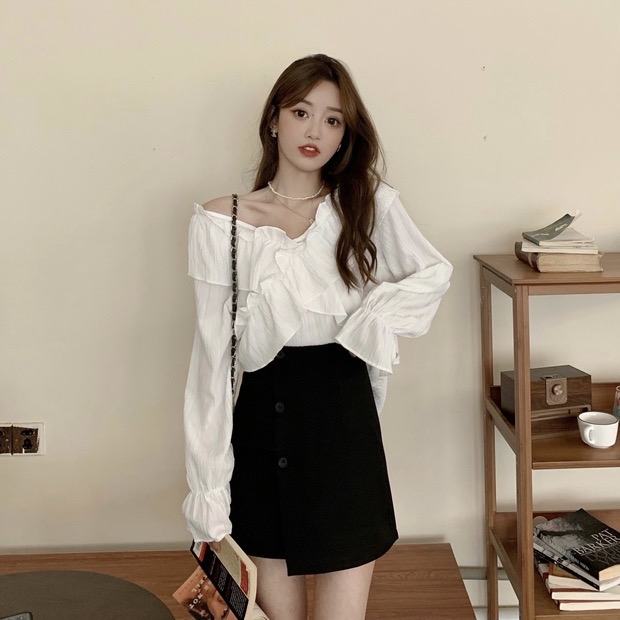 Summe blouse เปิดไหล่ระบายทั้งตัว 2 สี