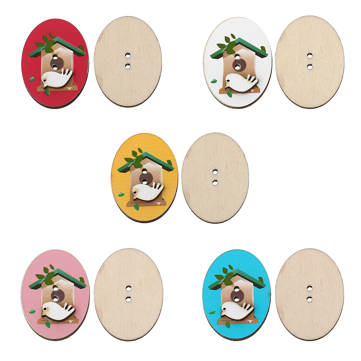 กระดุมไม้วงรี ขนาด 3.2cm x 24.0mm ลายกรงนก คละสี แพ็ค 10 เม็ด