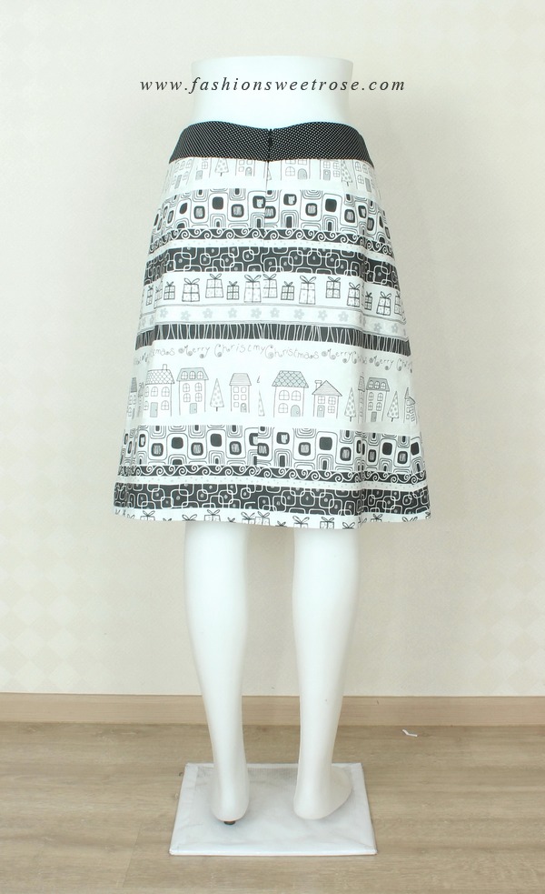 SK-327 กระโปรงแฟชั่น&ทำงาน ทรงบาน ผ้าคอตต้อนญี่ปุ่นพิมพ์ลายกราฟฟิกโทนขาว-ดำ