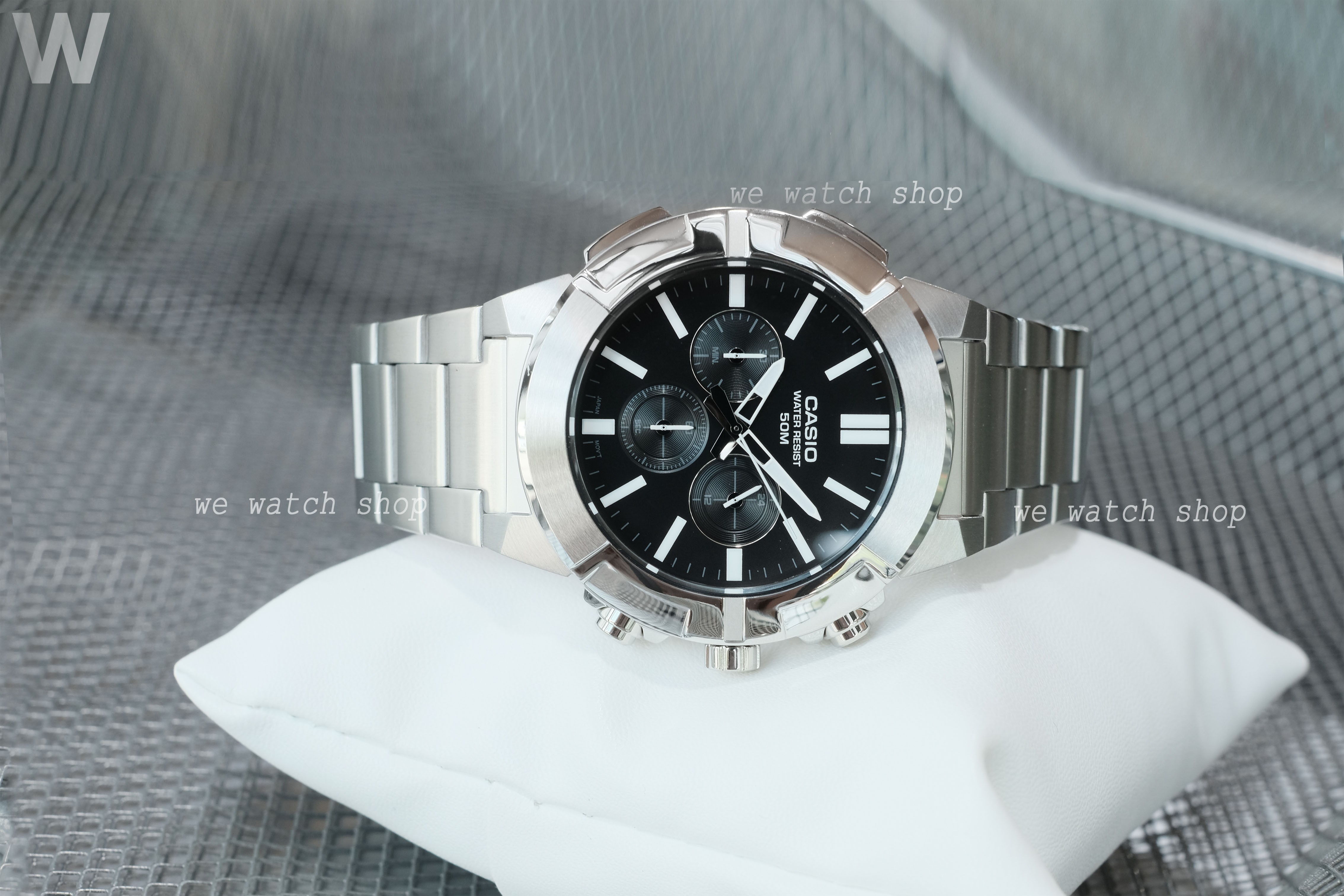 CASIO รุ่น MTP-E500D-1AVDF สายสเเตนเลส สีเงิน จอดำ สินค้าใหม่ ของเเท้ รับประกันศูนย์ CMG 1 ปี สำเนา