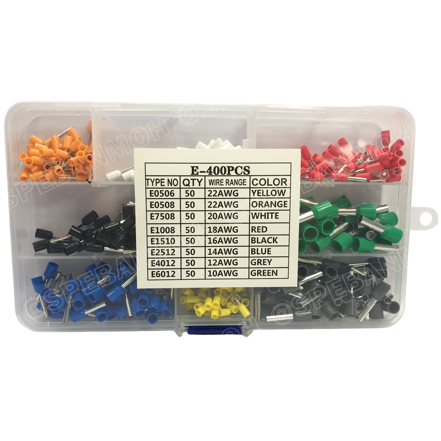 [ 1 กล่อง ] E-400 หางปลาคอร์ดเอ็น 400ชิ้น cord end ขั้วต่อสายไฟ เทอร์มินอล ขั้วต่อหางปลา Terminal Crimping ครอดเอ็น แบบกล่อง หางปลาย้ำปลายสายไฟ แบบเข็ม ขนาด 22 , 20 , 18 , 16 , 14 , 12 ,10 AWG ข้อต่อย้ำสายแบบเดี่ยว คอร์ดเอ็น cord end แบบกล่อง 400 pcs