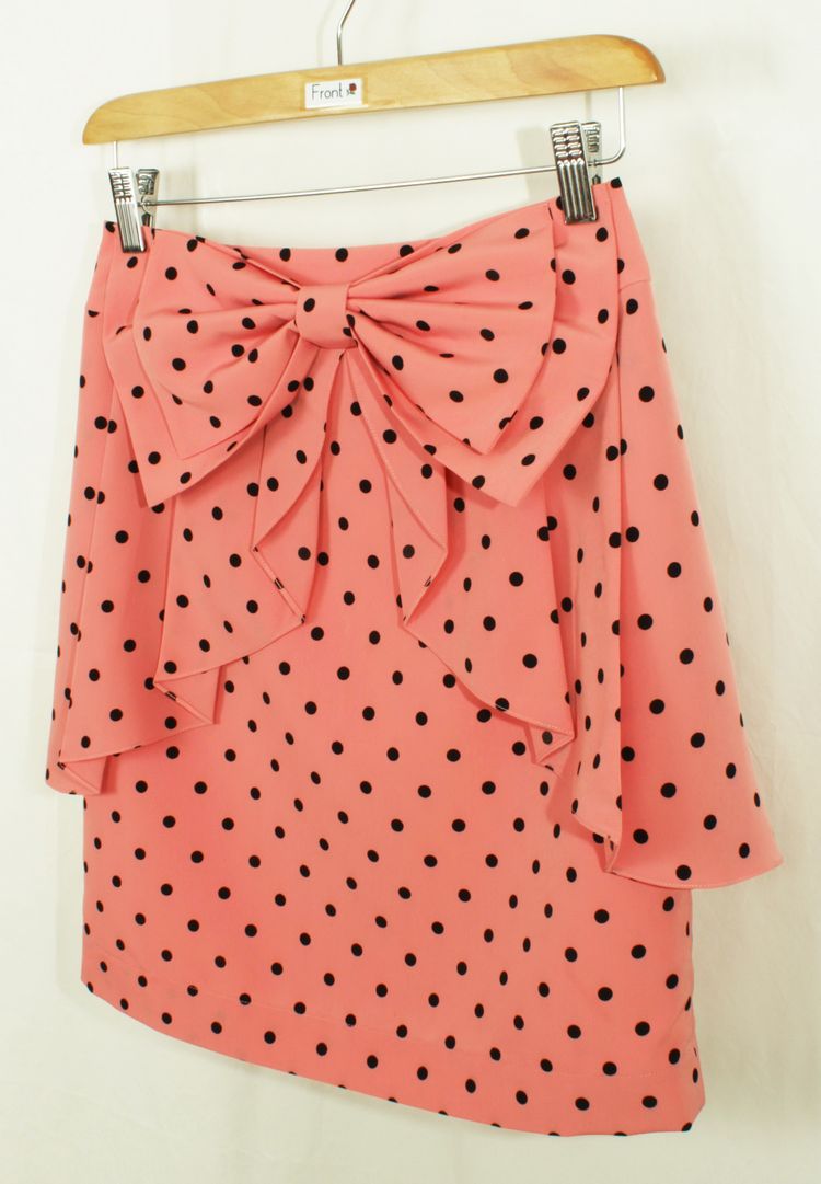 SK-169 กระโปรงแฟชั่น&ทำงาน ผ้า HIGH TWICH POKADOT สีชมพูโอรส มีโบว์ซ้อนกัน 2 ชั้น