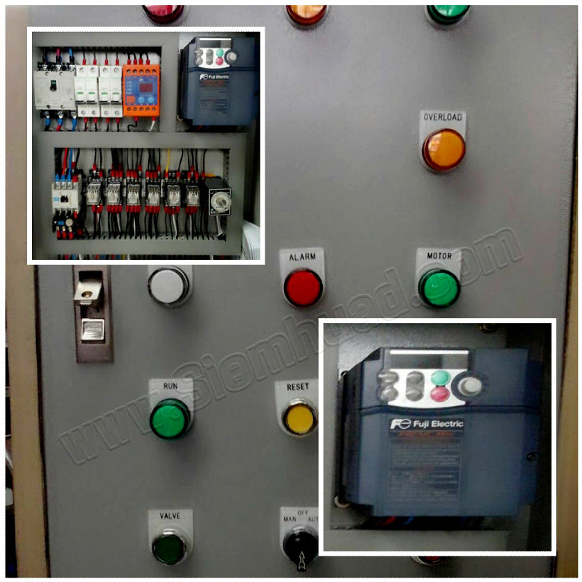 ตู้ควบคุมอินเวอร์เตอร์ ตู้ไฟระบบคอนโทรล Start and stop Inverter (อุปกรณ์ WALL MOUNTING CABINET (KJL) Control Switch (TEND), CIRCUIT BREAKER, MAGNETIC CONTACTOR (MITSUBISHI) PHASE PROTECTOR (WIP), Relay (OMRON), TIMERS (NITECH), INVERTER (FUJI)
