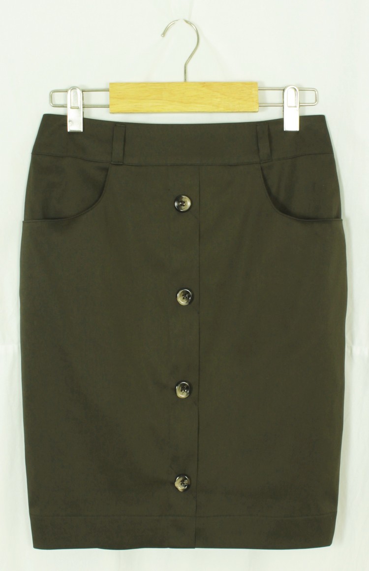 SK-140 กระโปรงแฟชั่น&ทำงาน ทรงสอบ ผ้าญี่ปุ่นสีเทาเข้ม-อมเขียว ตกแต่งด้วยกระดุม 4 เม็ด