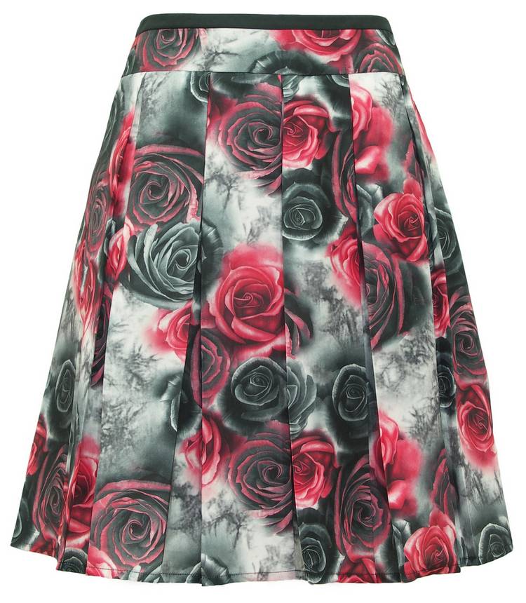 SK-089 กระโปรงแฟชั่น&ทำงาน ทรงบาน ผ้าพิมพ์ลายดอกกุหลาบสีดำแดง