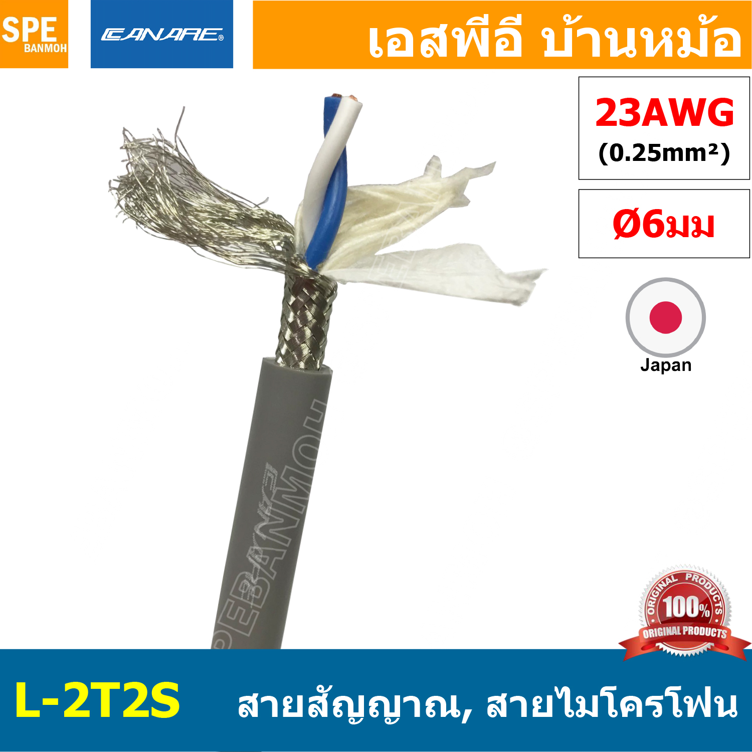 [1 เมตร ] L-2T2S สีเทา Grey สายสัญญาณเสียง Canare L-2T2S สายสัญญาณ Stereo Canare Two-Conductor Shielded Cable (Single) Braided Shield L 2T2S สายสัญญาณ สายไมค์ Microphone Cable สายไม สายชีลด์ Stereo Canare Analog Signal Cable แท้ ญี่ปุ่น Made in Japan