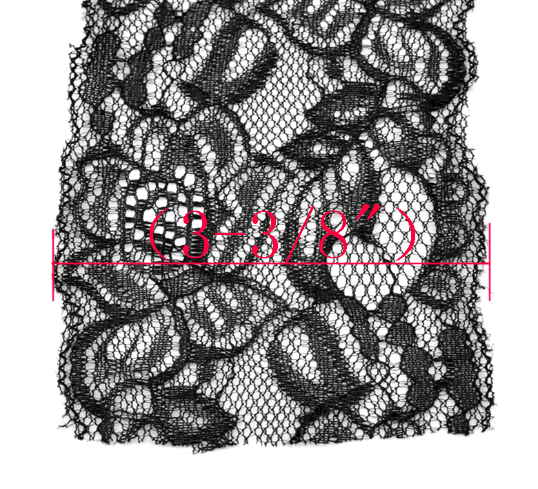 ริบบิ้นลูกไม้ผ้ายืดสีดำ กว้าง 3 3/8 นิ้ว ยาว 2 หลา