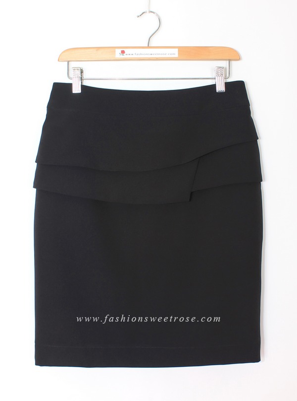 SK-468 กระโปรงทรงสอบ ผ้า Double Twist สีดำ แต่งผ้าซ้อน 3 ชิ้น