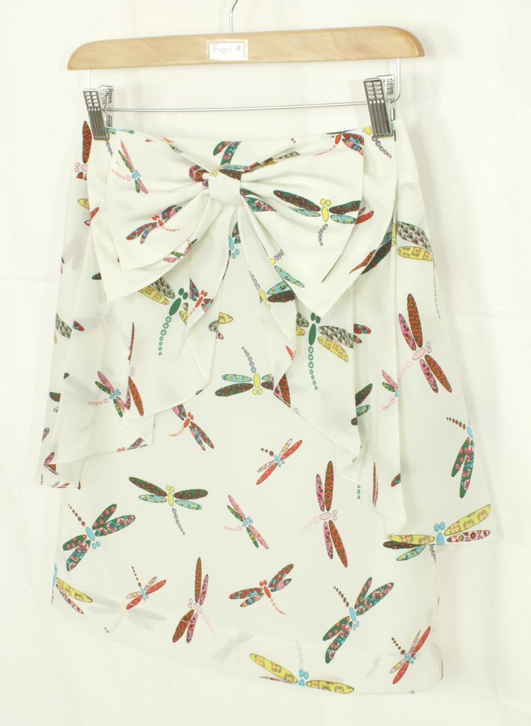 SK-164 กระโปรงแฟชั่น&ทำงาน ผ้าหางกระรอกพิมพ์ลายแมลงปอพื้นขาว มีโบว์ซ้อนกัน 2 ชั้น