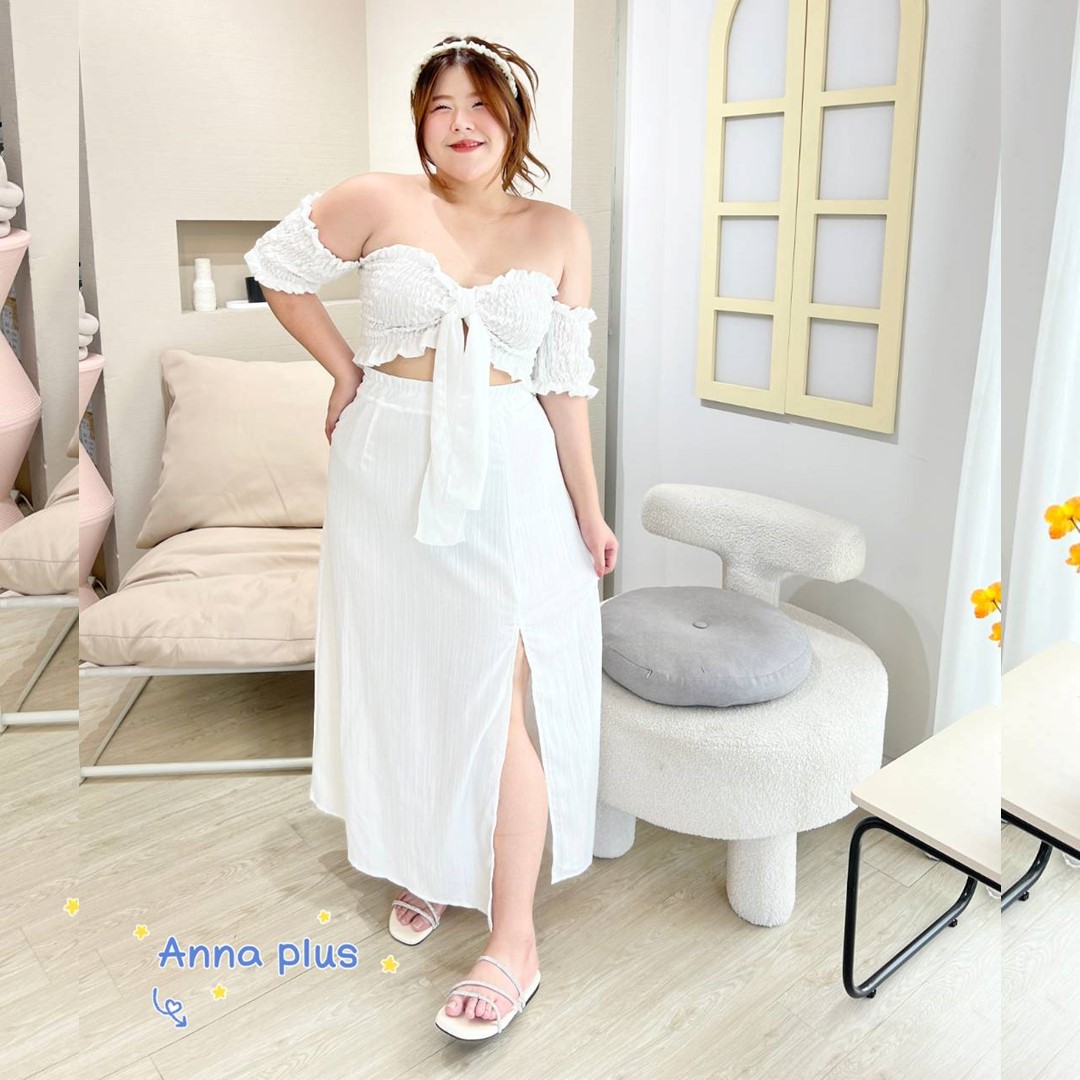 A145 ชุดเซ็ท สาวอวบ plus size งาน3ชิ้น เสื้อเกาะอก กระโปรง ผ้าผูกอกหรือผูกผม ขาว ดำ ฟ้า น้ำตาล อก40-50 นิ้ว