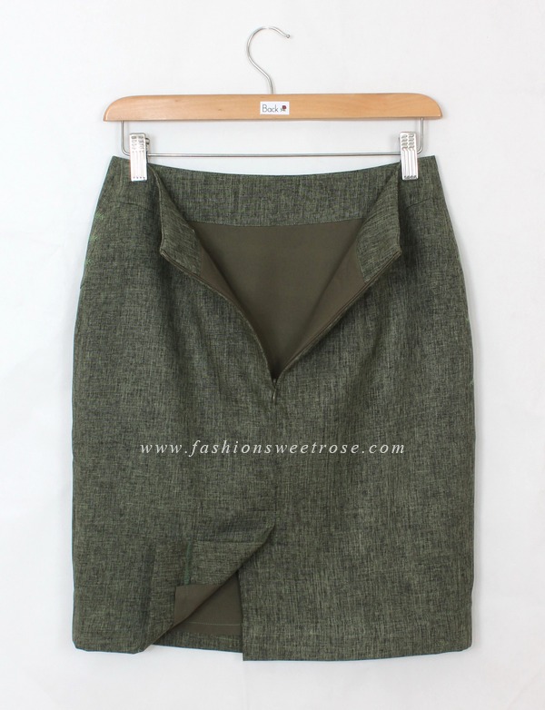 SK-424 กระโปรงแฟชั่น&ทำงาน ทรงสอบ ปักลายก้างปลา ผ้าคอตต้อนลินินไอริสสีเขียว