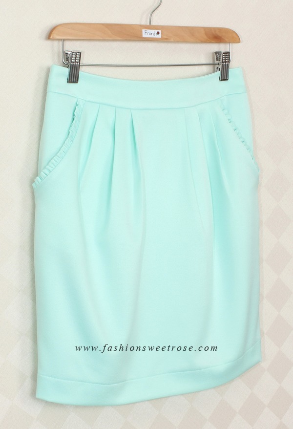 SK-324 กระโปรงแฟชั่น&ทำงาน ทรงสอบจับจีบทวิช ผ้า Zara สีเขียวพาสเทล