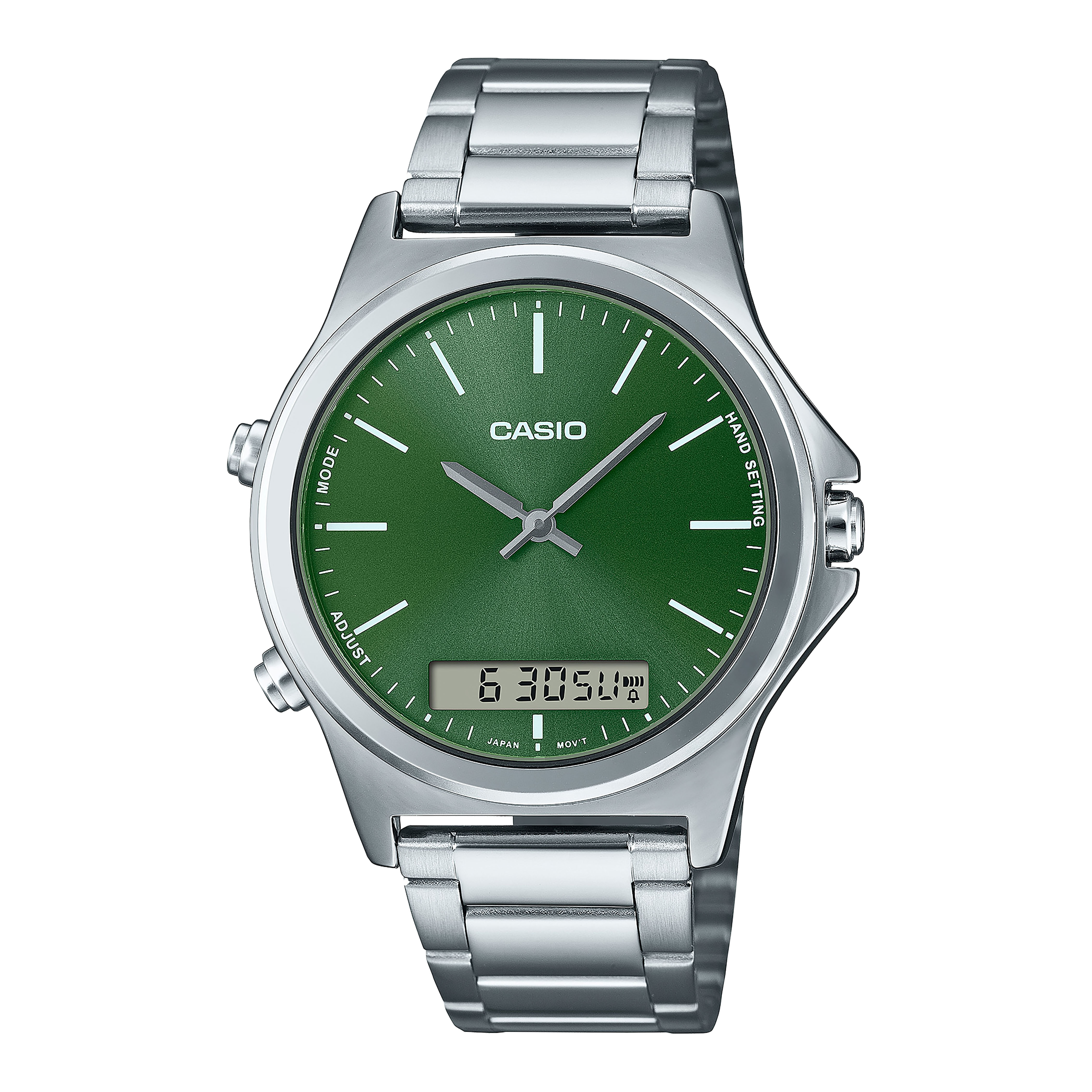 CASIO Anloq & digital รุ่น MTP-VC01D-3EUDF สองระบบ เข็ม ดิจิตอล สีเงิน หน้าปัดสีเขียว สายสแตนเลส สินค้าของเเท้ รับประกันสูนย์ CMG 1 ปี