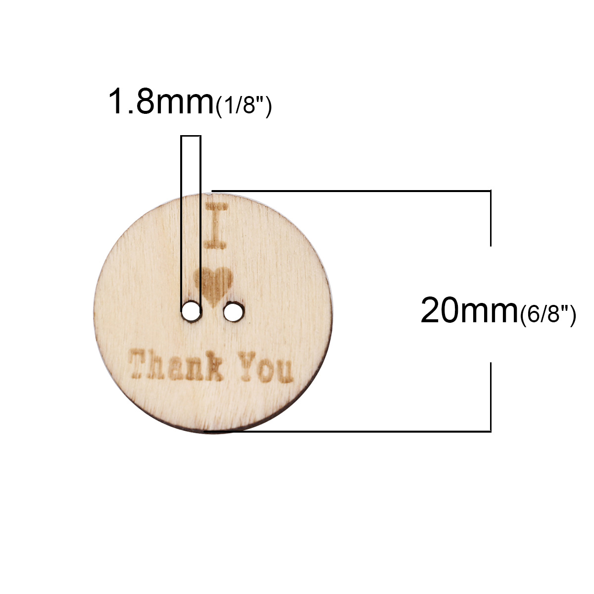 กระดุมไม้ เม็ดกลม 2 รู ขนาด 20 มม. สีไม้ธรรมชาติ คละแบบ แพ็ค 100 เม็ด