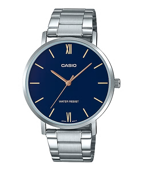 CASIO Standard รุ่น MTP-VT01D-2BUDF สีเงิน หน้าปัดน้ำเงิน สายสแตนเลส สินค้าใหม่ ของแท้ รับประกันศูนย์ CMG