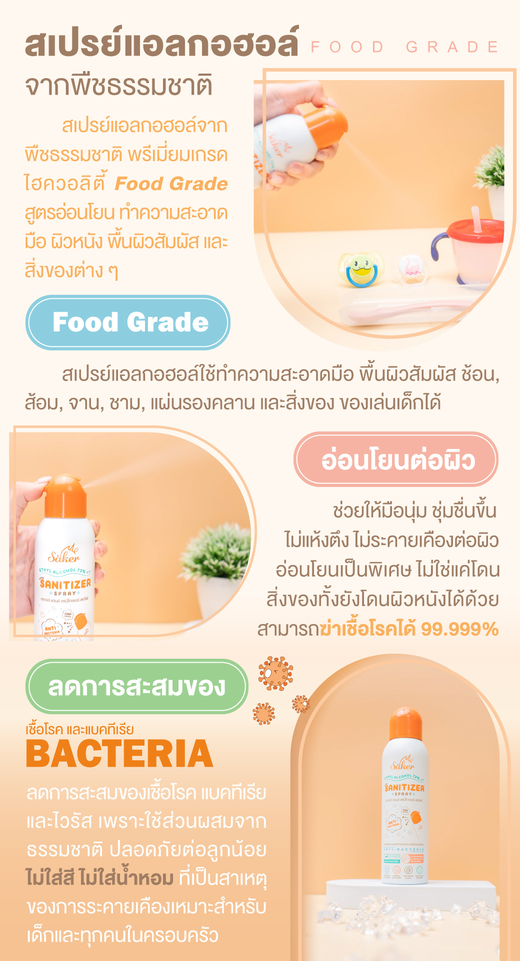 Saker สเปรย์แอลกอฮอล์ขวดใหญ่ จากพืชธรรมชาติ ฟู้ดเกรด(Food Grade) ทำความสะอาดมือ,ผิวหนัง,สิ่งของ เกรดสัมผัสอาหารได้(มาตรฐานญี่ปุ่น)