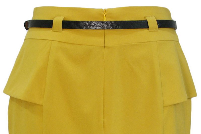 SK-062 กระโปรงทรงสอบ ผ้าไหมอิตาลีสีเหลืองมาสตาท แต่งขอบเอวด้านหน้า