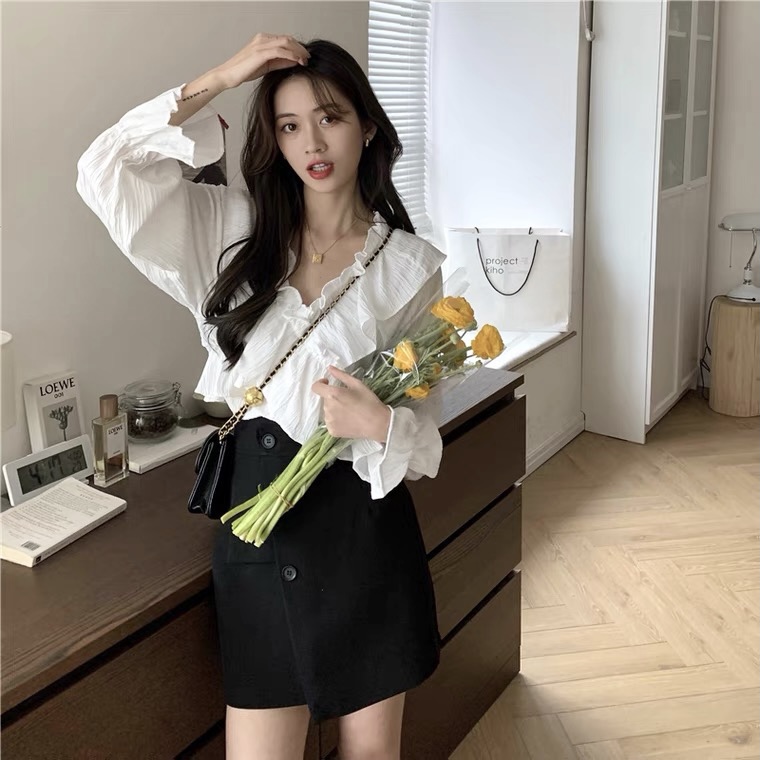 Summe blouse เปิดไหล่ระบายทั้งตัว 2 สี