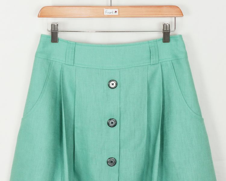 SK-193 กระโปรงแฟชั่น&ทำงาน ทรงบาน ผ้าลินินญี่ปุ่นสีเขียวพาสเทล มีกระเป๋าล้วงได้ 2 ข้าง
