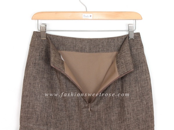 SK-427 กระโปรงแฟชั่น&ทำงาน ทรงสอบ ผ้าคอตต้อนลินินไอริส สีน้ำตาล ชายกระโปรงจับจีบรอบตัว