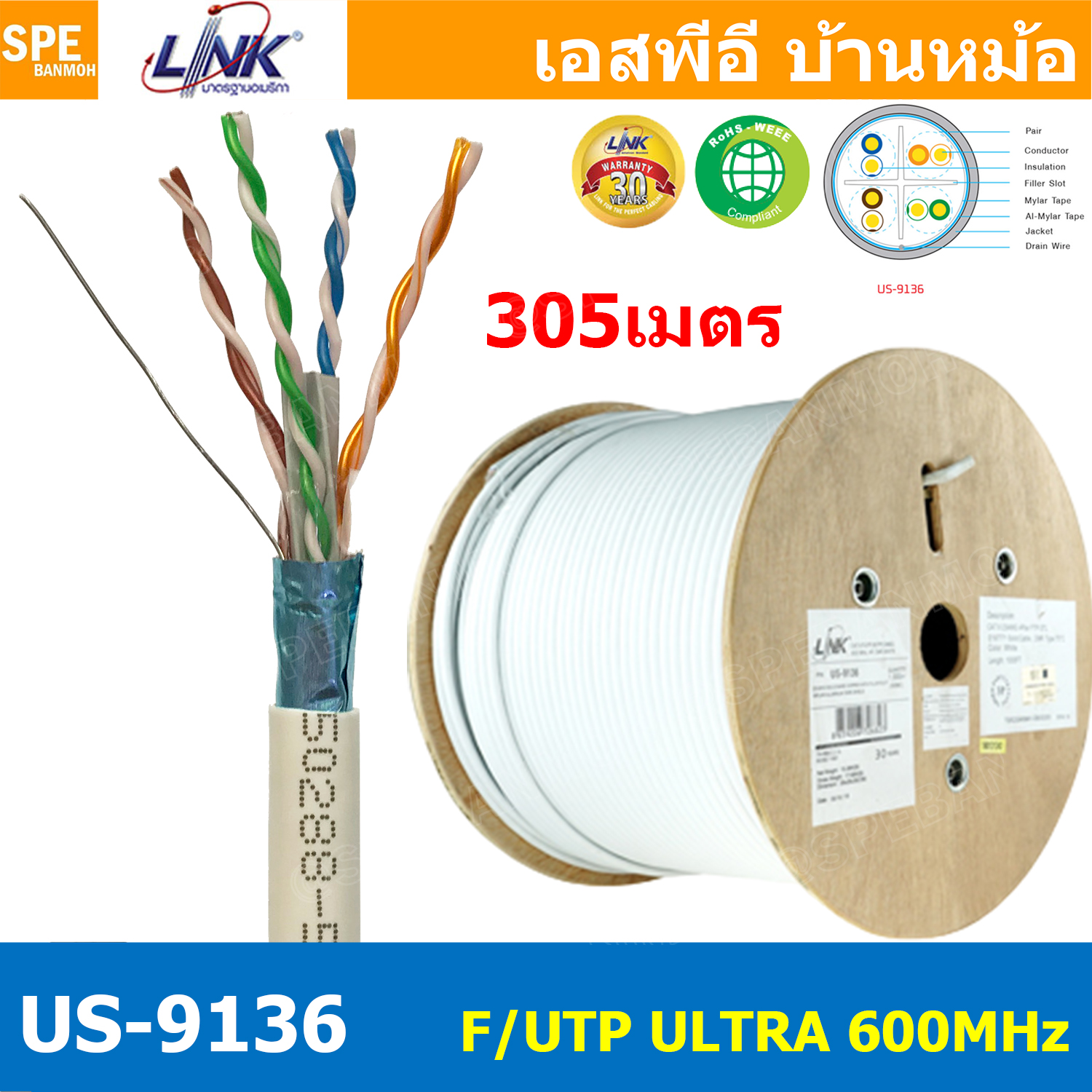 [ 305เมตร/ม้วน ] Link US-9136 สายแลนด์ภายใน CAT6 F/UTP Ultra 23AWG 600MHz สีขาว White มีฟอยด์ สายแลนด์ ภายในอาคาร 305m Indoor สายแลนด์ 600เมก Interlink Lan CAT6 FUTP Cable สายสัญญาณอินเตอร์เน็ท Network Cable Twisted pair, W/Cross Filter 23 AWG