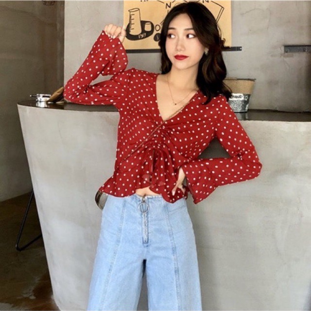 เสื้อครอปลายจุด แขนยาว รูดอก