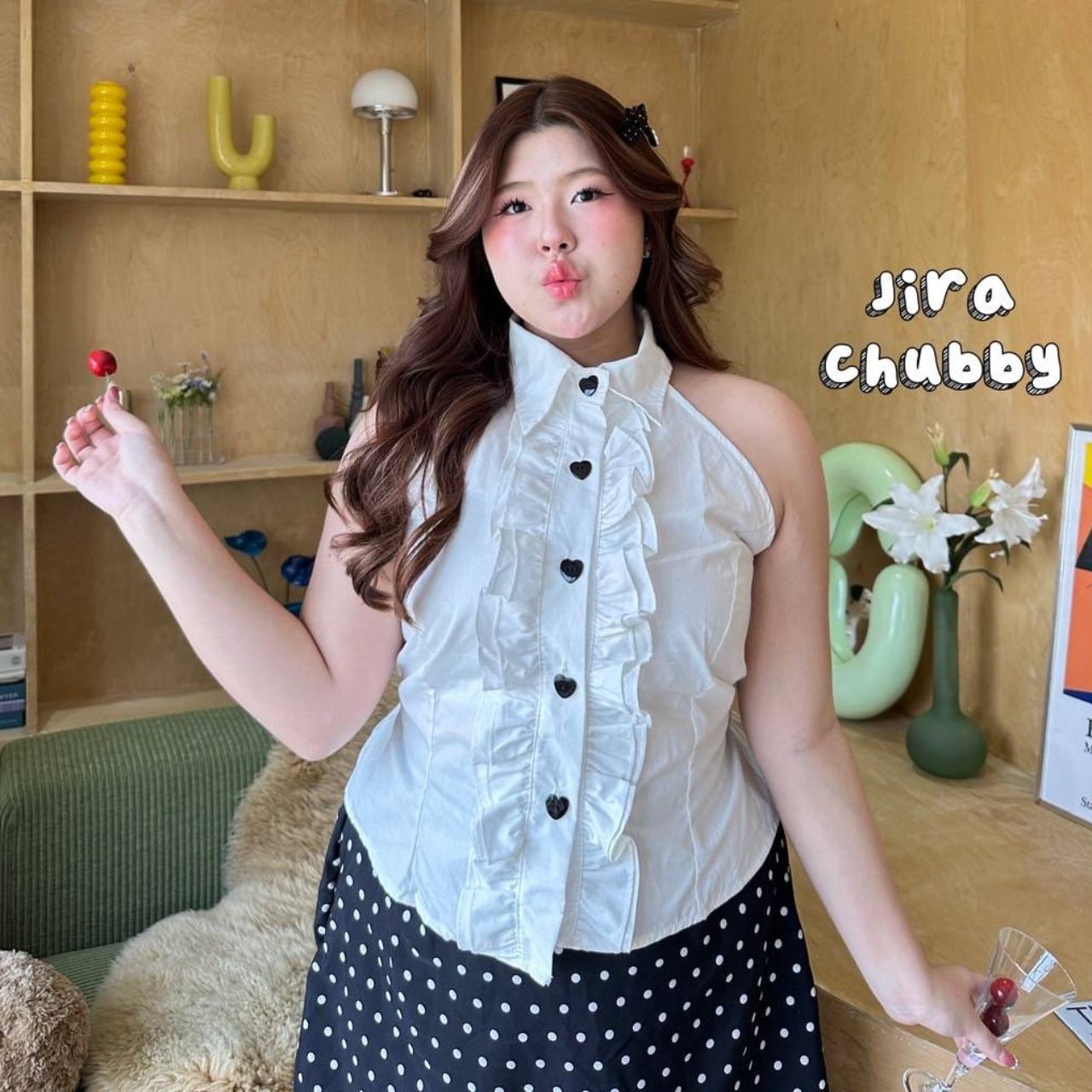 J153 เสื้อสาวอวบ คอปก มีเชือกพูกหลัง ดำ ขาว อกได้ถึง48นิ้ว หน้าผ้า50นิ้ว