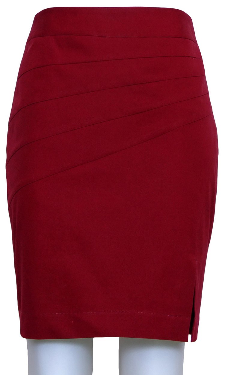 SK-085 กระโปรงทรงสอบ ผ้าคอตต้อนญี่ปุ่นผสมสเปนเดกสีแดงเลือดหมู ด้านหน้าเย็บแบบตัดต่อผ้า