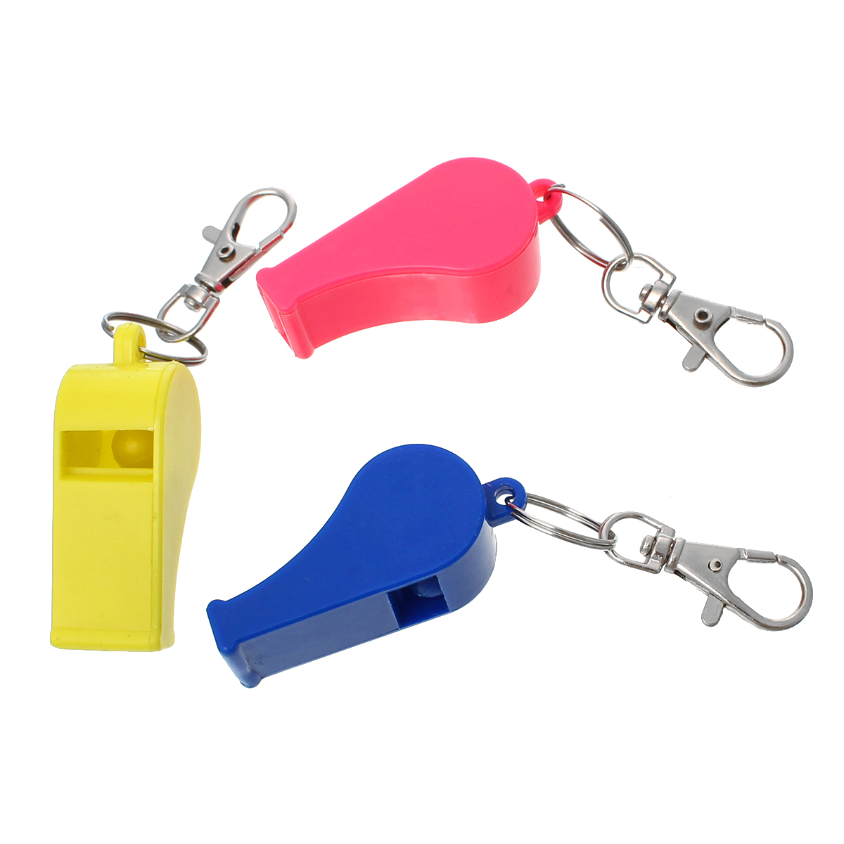 นกหวีดพลาสติกพร้อมห่วงพวงกุญแจและตะขอก้ามปูสีเงิน ขนาด 10.5x1.9 cm. แพ็ค 5 อัน