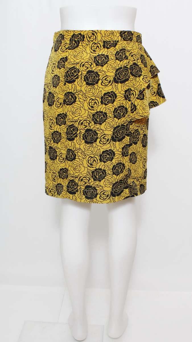 SK-104 กระโปรงแฟชั่น&ทำงาน ทรงสอบ ผ้าไหมอิตาลีพิมพ์ลายกุหลาบ พื้นสีเหลืองมาสตาส