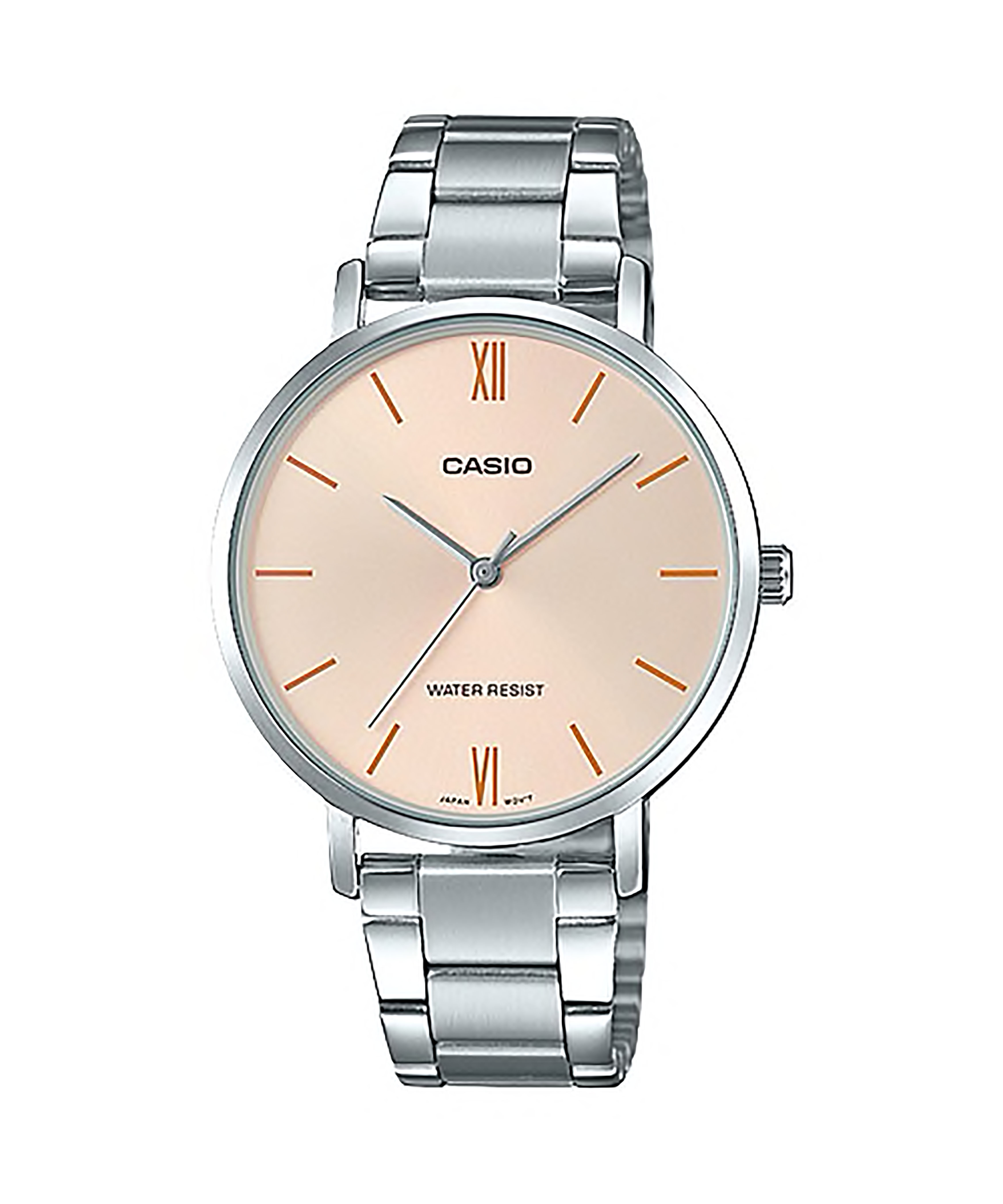CASIO Standard รุ่น LTP-VT01D-4BUDF สีเงิน หน้าปัดชมพูเปลือก ไข่ สายสแตนเลส สินค้าใหม่ ของแท้ รับประกันศูนย์ CMG