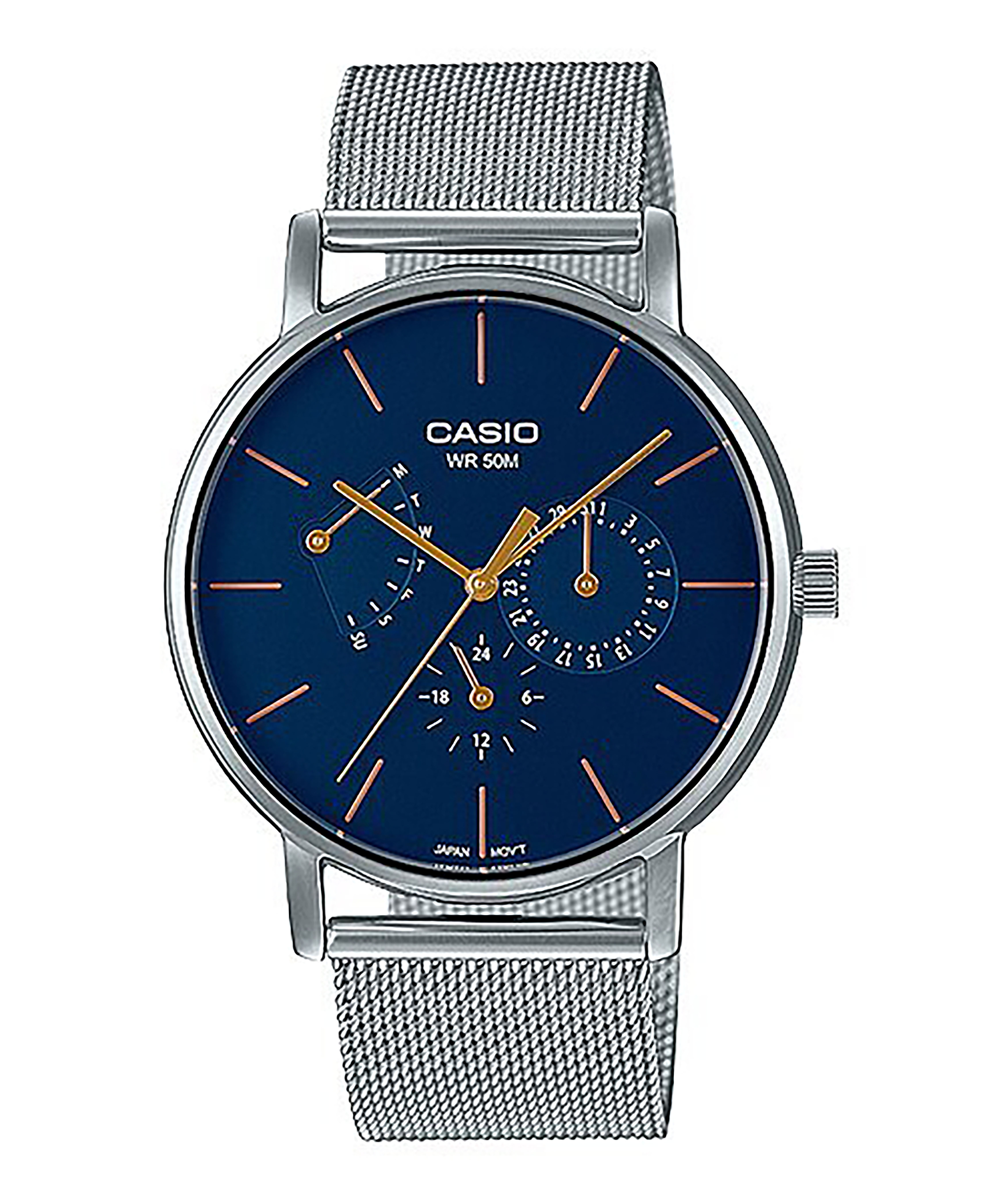 CASIO รุ่น MTP-E320M-2EVDF สีเงิน หน้าปัดสีน้ำเงิน กรมท่า สายถัก สินค้าของเเท้ รับประกันศูนย์ CMG