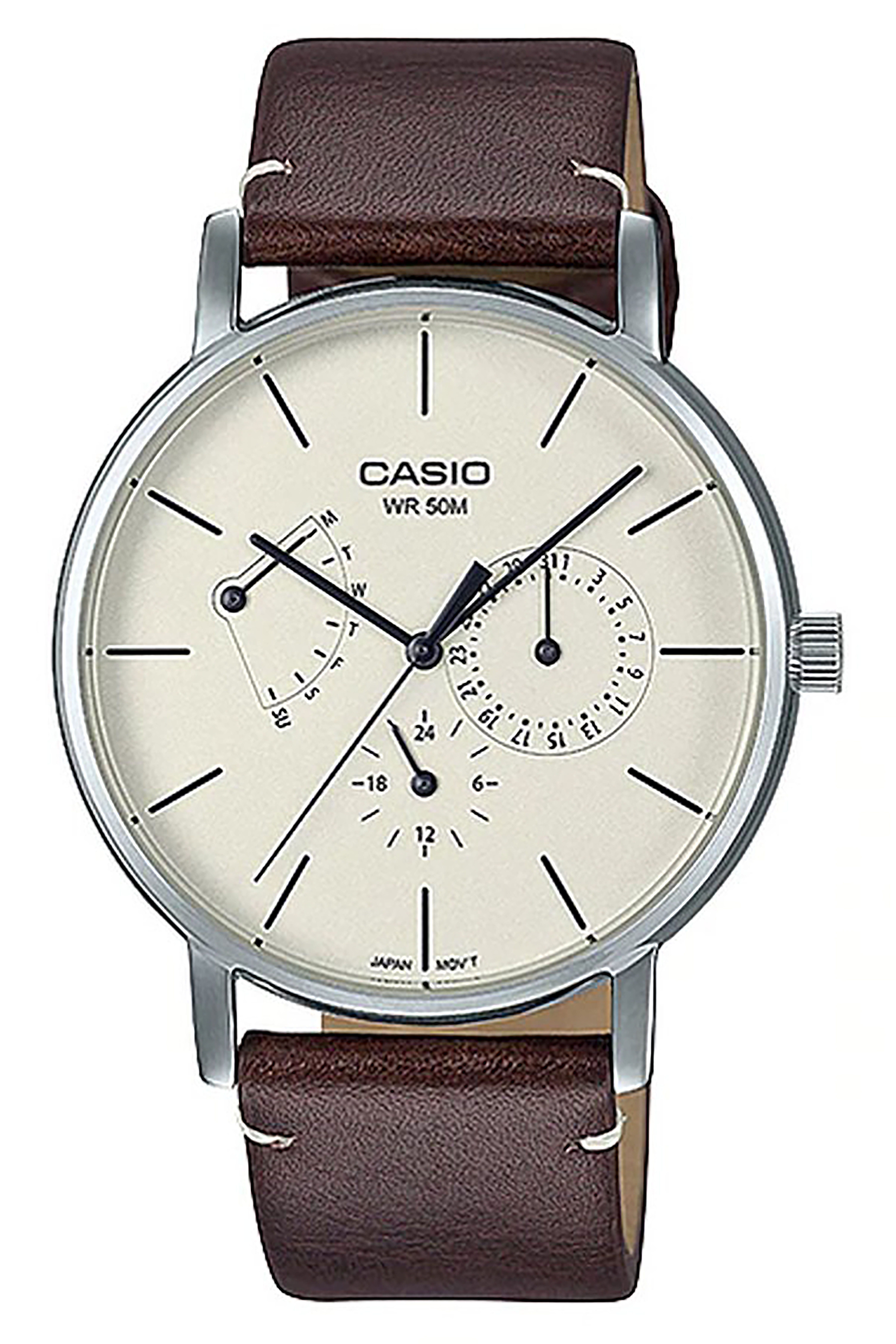 CASIO รุ่น MTP-E320L-5EVDF หน้าปัดขาวครีม สายหนังเเท้ สีน้ำตาล สินค้าของเเท้ รับประกันศูนย์ CMG