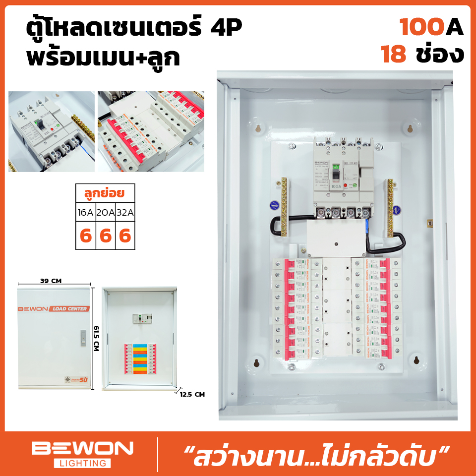 ตู้โหลดเซนเตอร์ 4P พร้อมเมน+ลูก, ตู้โหลด RCBO 4P พร้อมเมน+ลูก (BEWON) เมน 50A,63A - 12ช่อง - 18ช่อง - 24ช่อง - 36ช่อง / เมน 100A - 12 ช่อง - 18 ช่อง - 24 ช่อง - 36 ช่อง